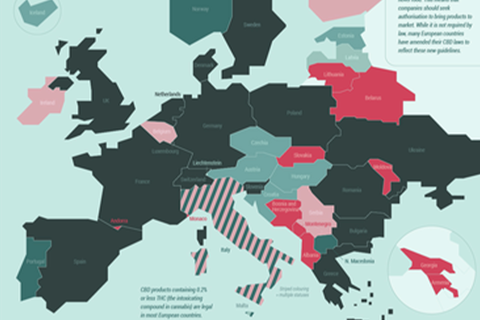 A map of Europe indicating the legal status of CBD oil in the various European countries.