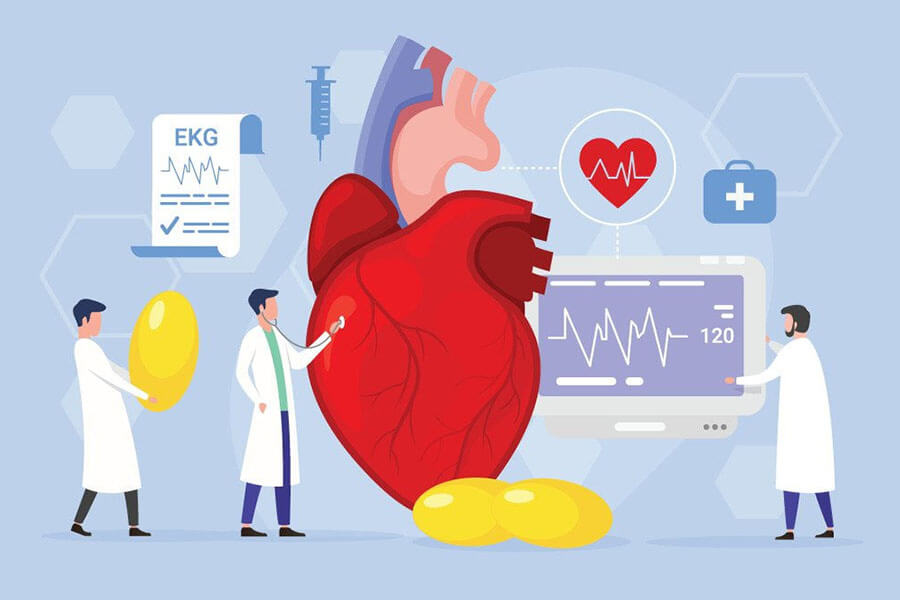 A graphic of a small doctor examining a human heart.